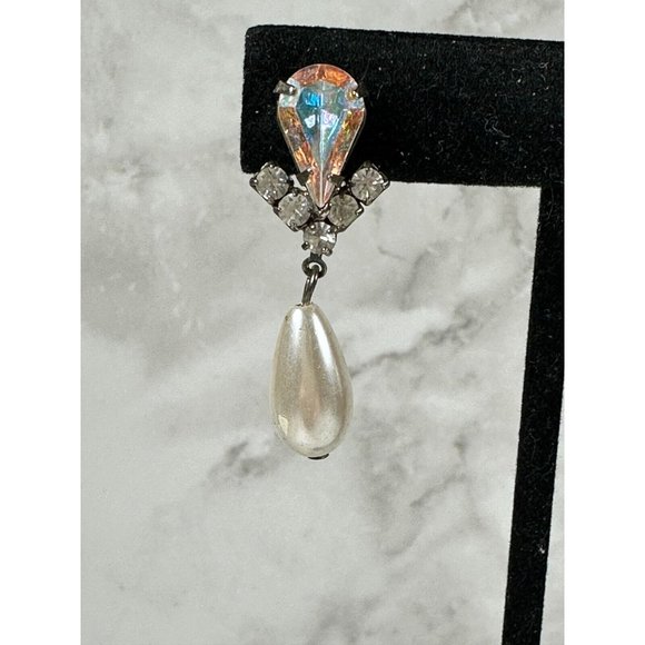 Silver Tone Dangle Earrings with Pear Rhinestones & Teardrop Faux Pearl - 1 1/2" - Picture 2 of 6